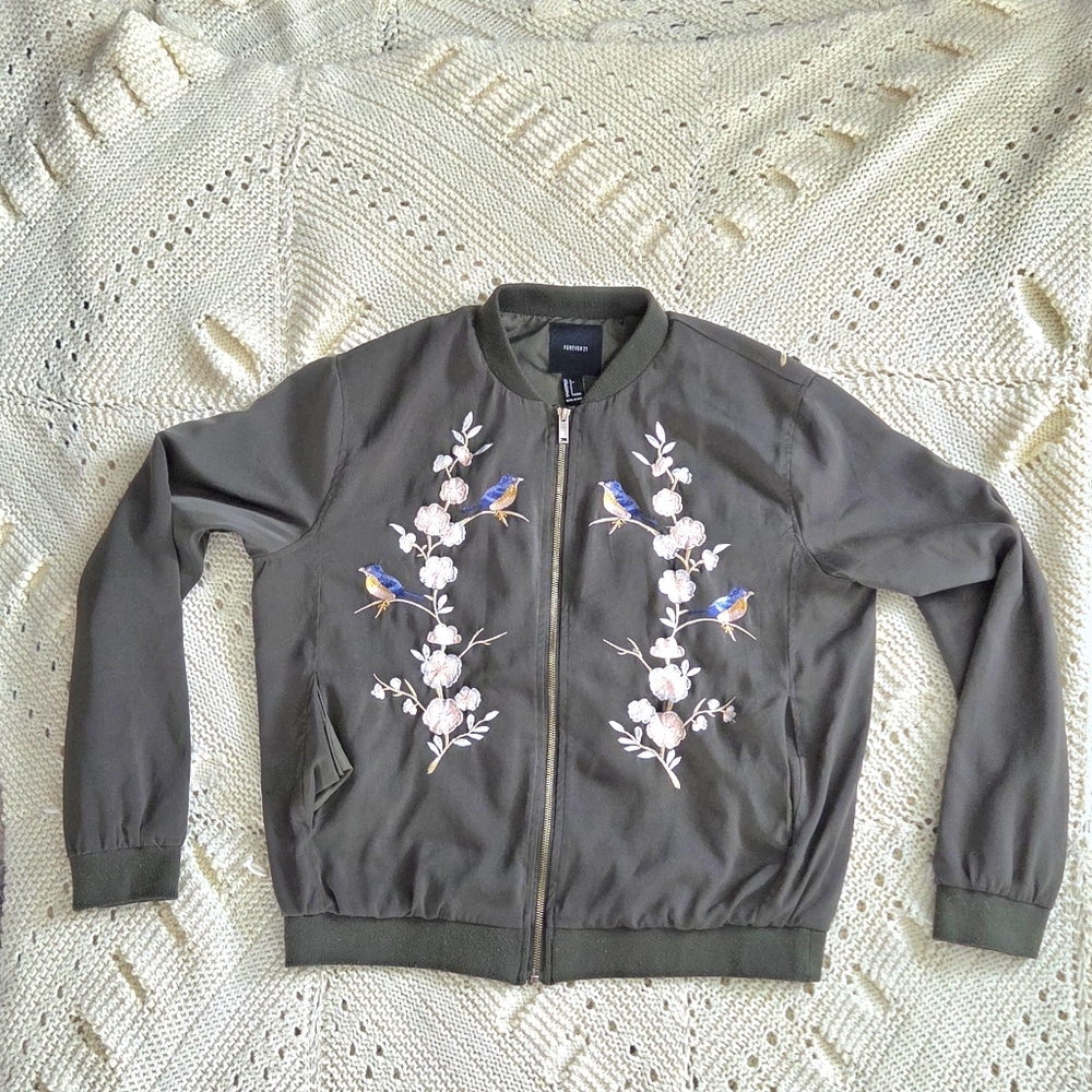 Forever 21 Olive Bomber Jacket with Blue & Pink Embroidered Birds - Picture 8 of 8